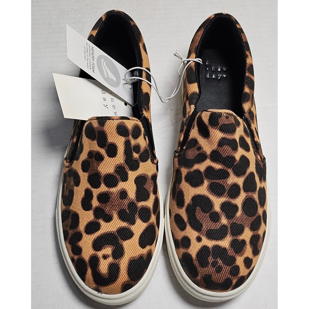A New Day Reese Womens 6.5 Leopard Print Slip‎ On Sneakers Memory Foam Brown New